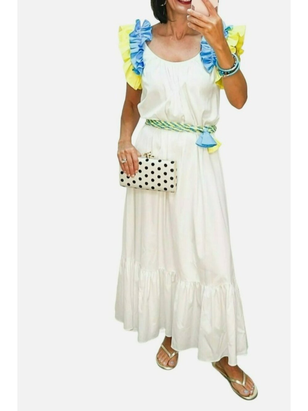 Alden Adair $368 Size Medium Boho Midi Dress White Lilah Shift Ruffle Sleeve NWT